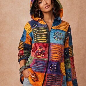 Rising International full zip Boho colorful Patchwork Y2K hoodie jacket sz S